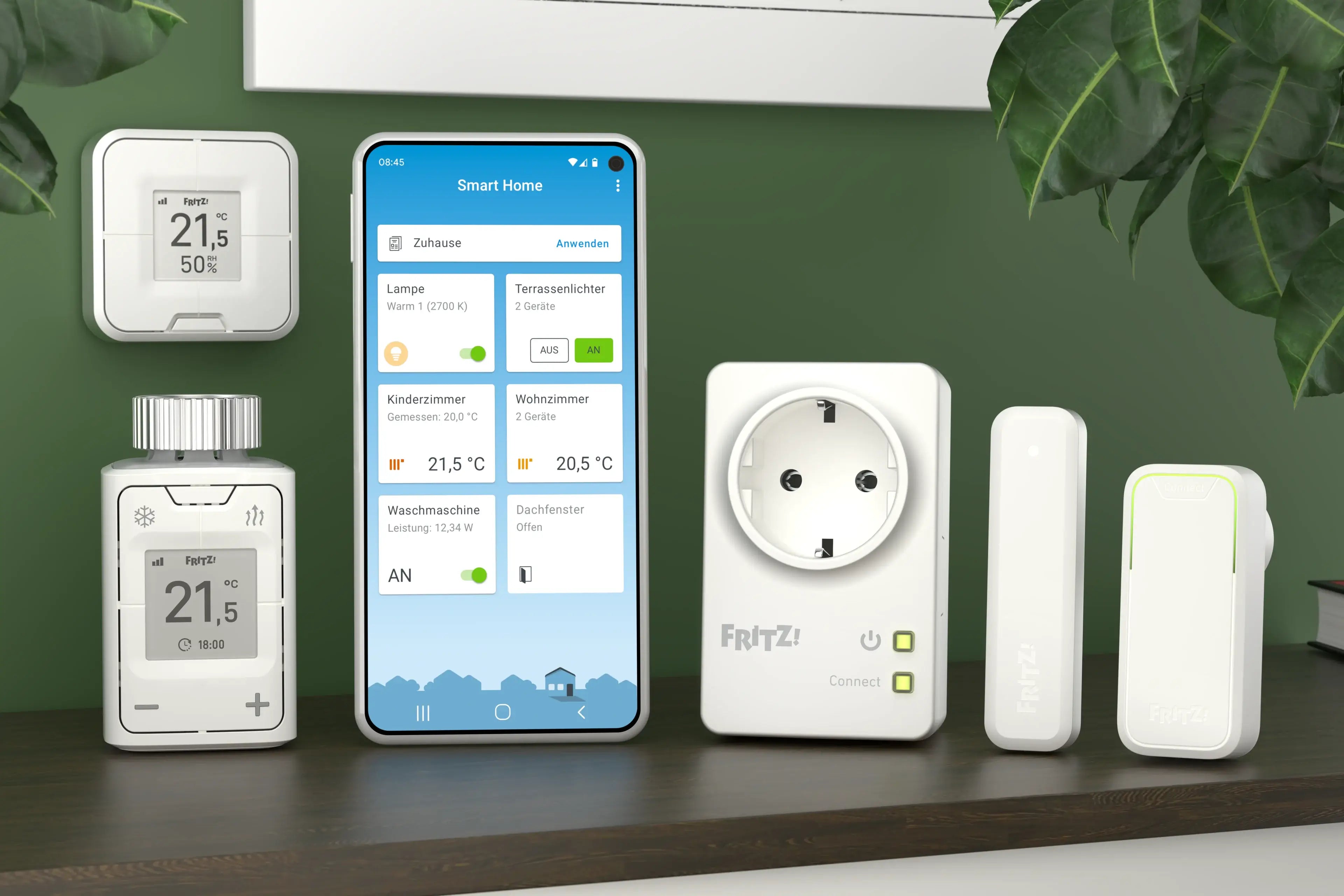 Smart Home Geräte mit Smartphone-App zur Steuerung der Temperatur und Energieverbrauch in einem modernen Zuhause.