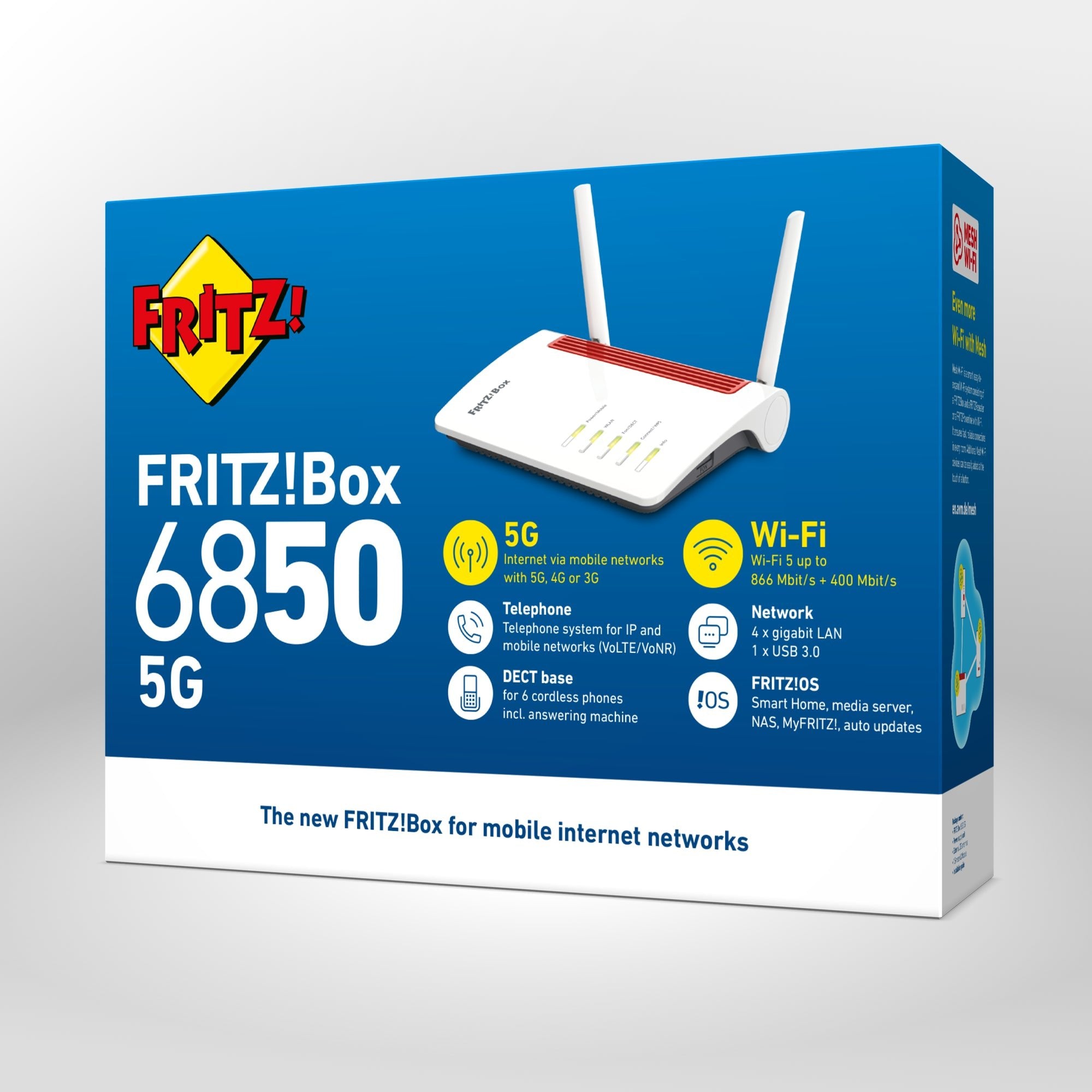 Verpackung von FRITZ!Box 6850 5G auf grauem Hintergrund