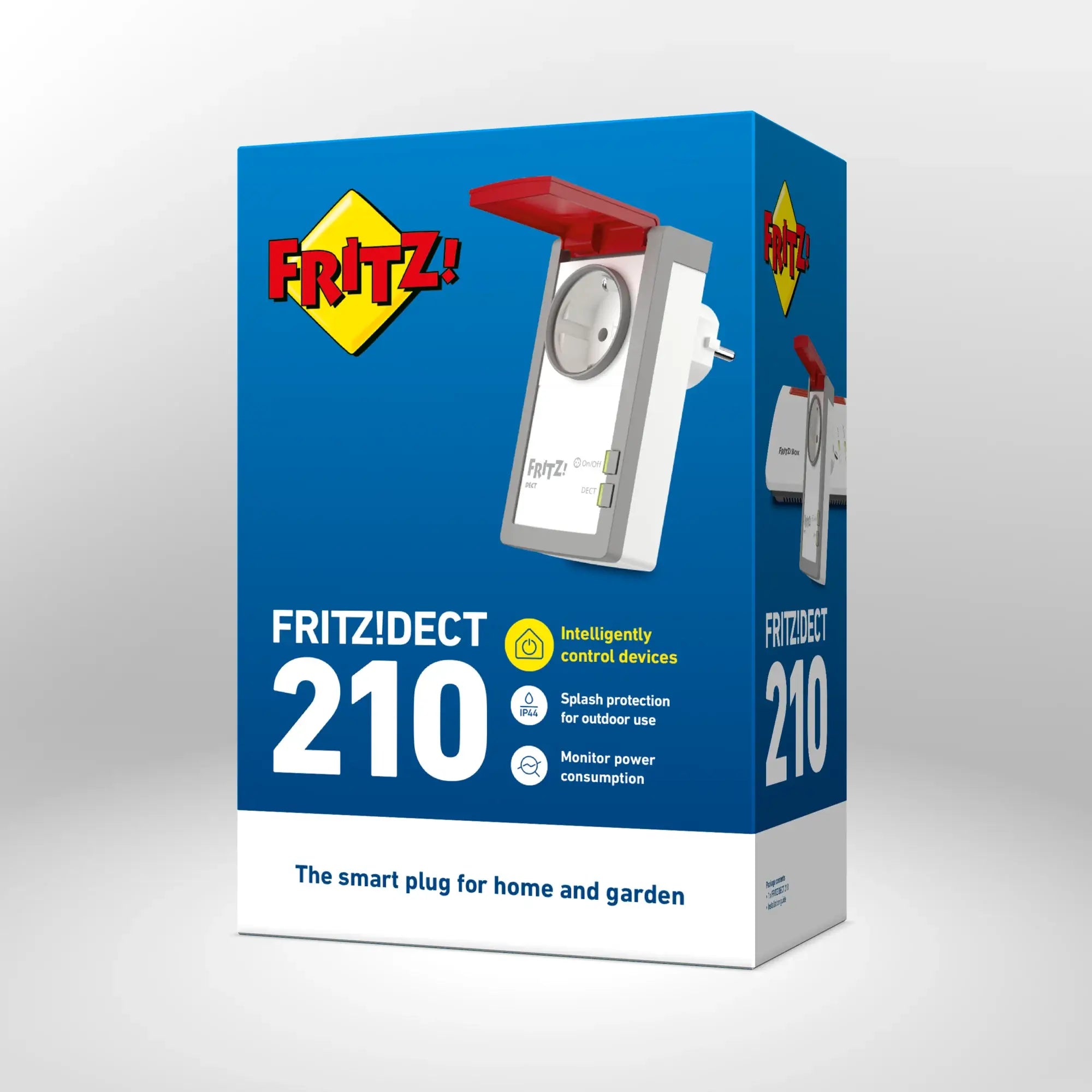 Verpackung von FRITZ!DECT 210 auf grauem Hintergrund