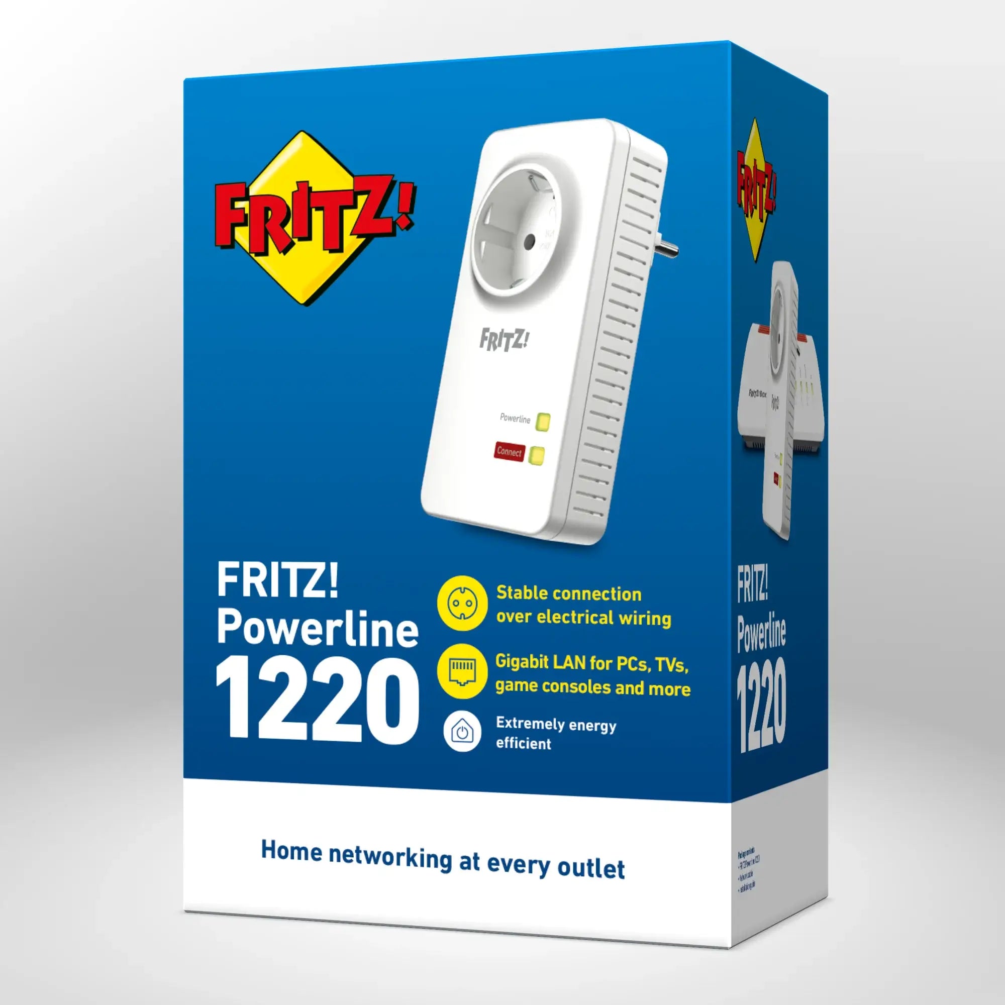 Verpackung von FRITZ!Powerline 1220 auf grauem Hintergrund