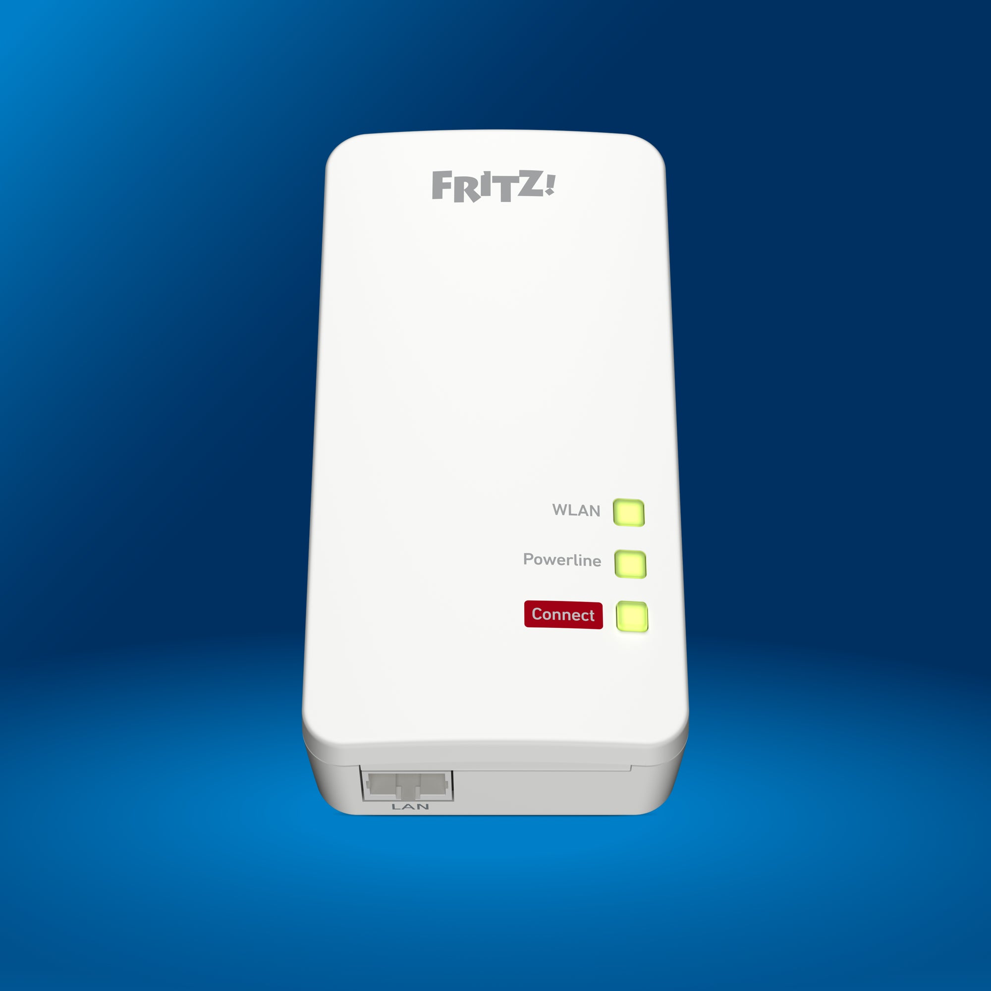 FRITZ!Powerline 1260 Gerät auf blauem Hintergrund mit WLAN und Powerline LED-Anzeigen.