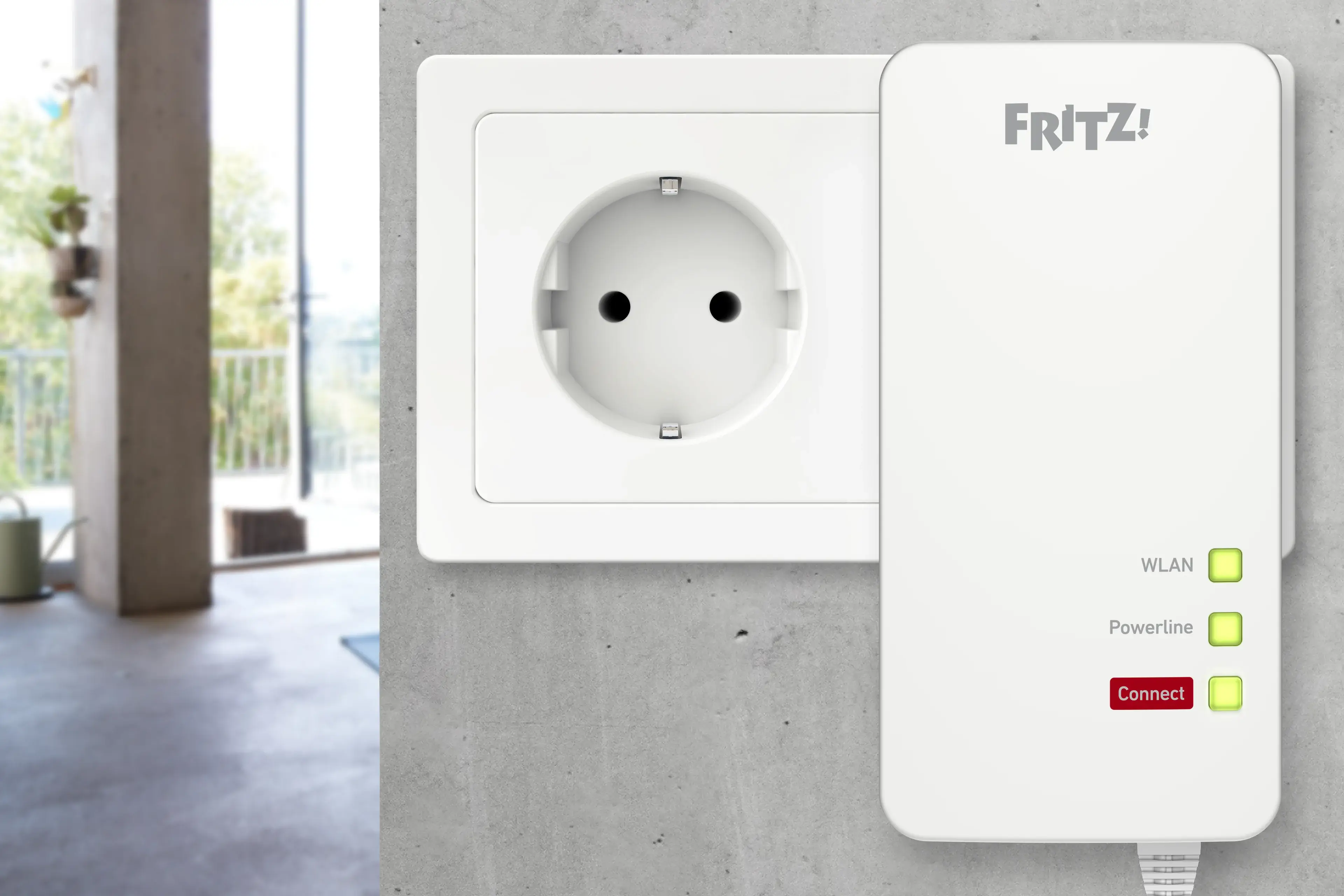Fritz! WLAN Powerline Adapter an einer Steckdose, mit Statusanzeigen für WLAN und Verbindung.
