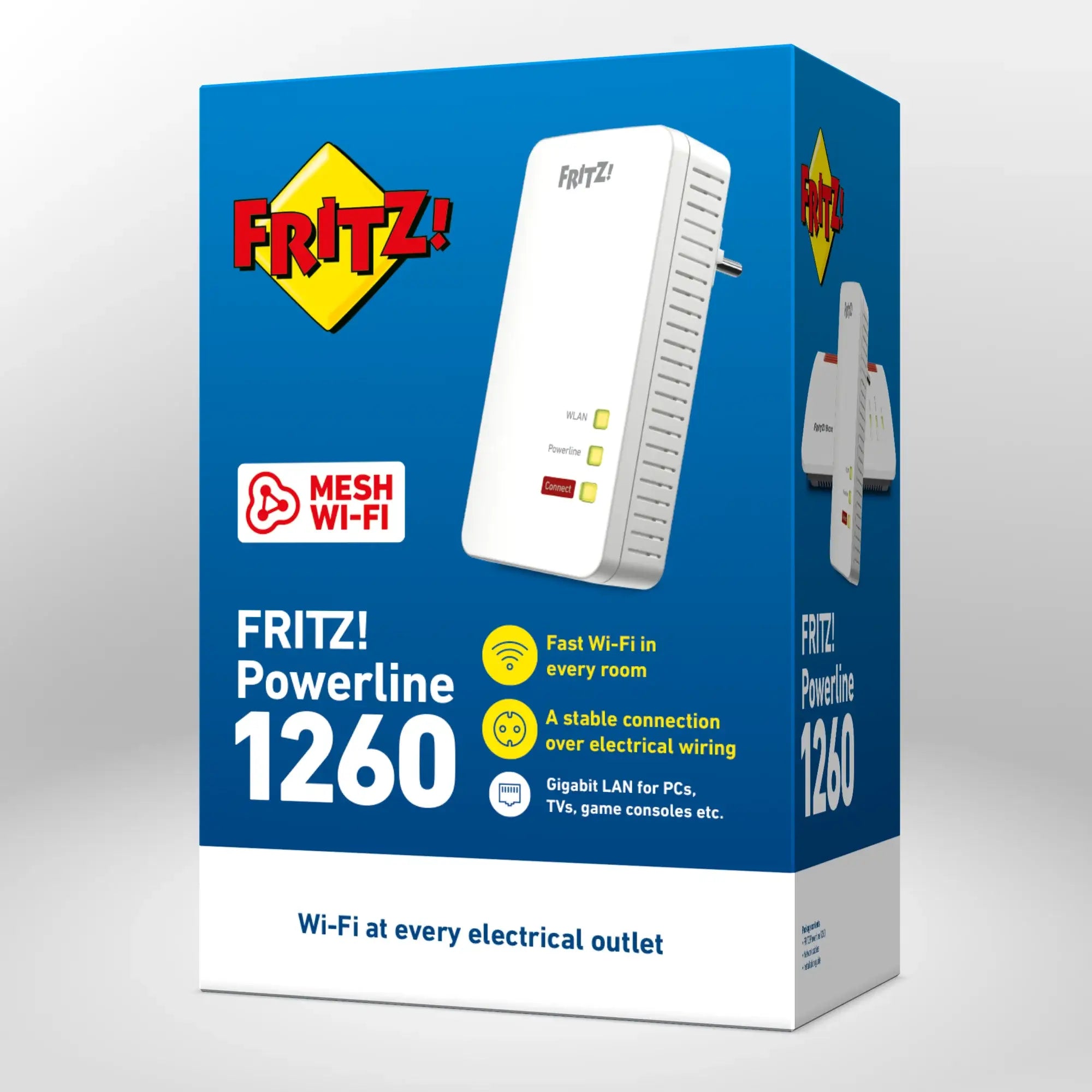 Verpackung von FRITZ!Powerline 1260 auf grauem Hintergrund