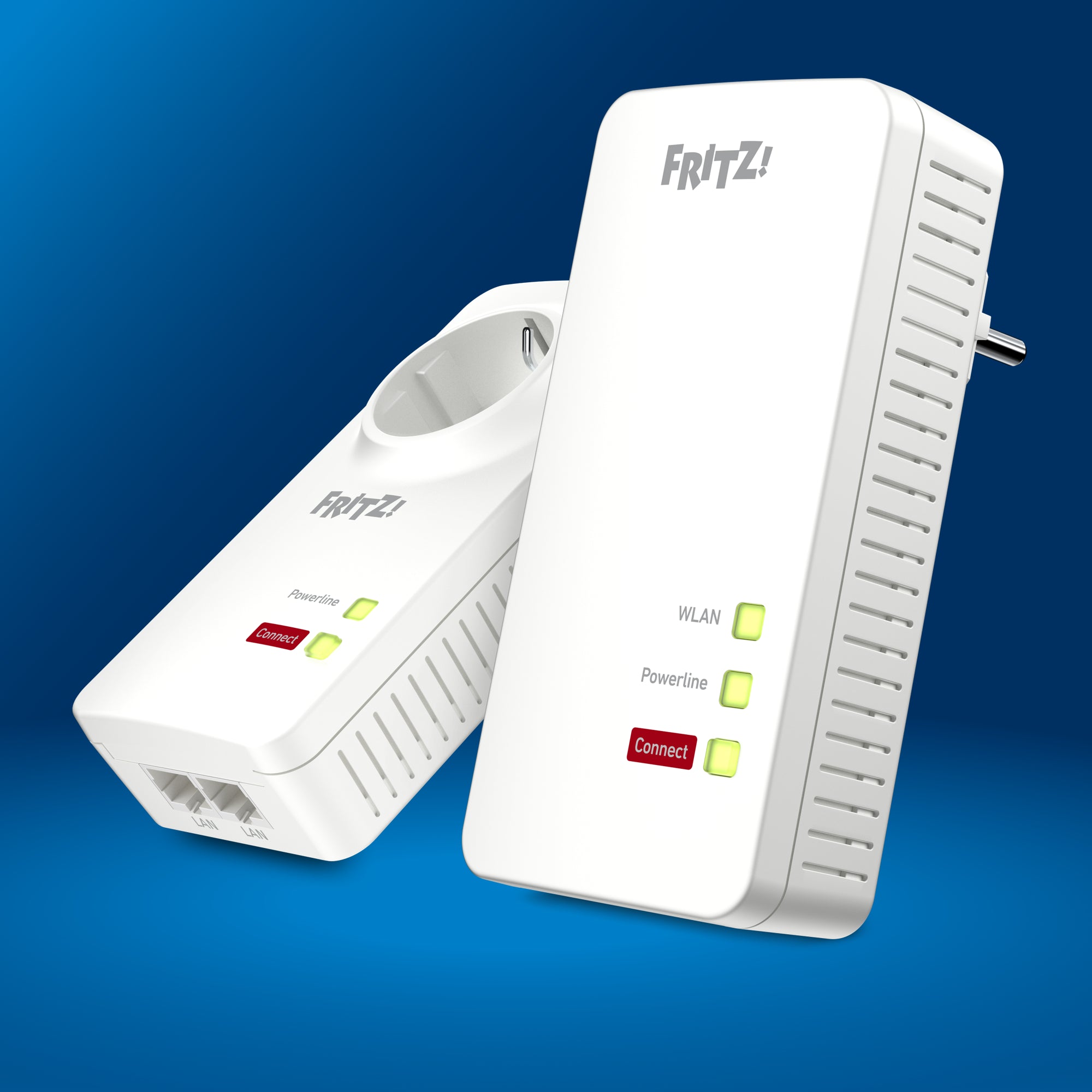 FRITZ!Powerline 1260 WLAN Set auf blauem Hintergrund