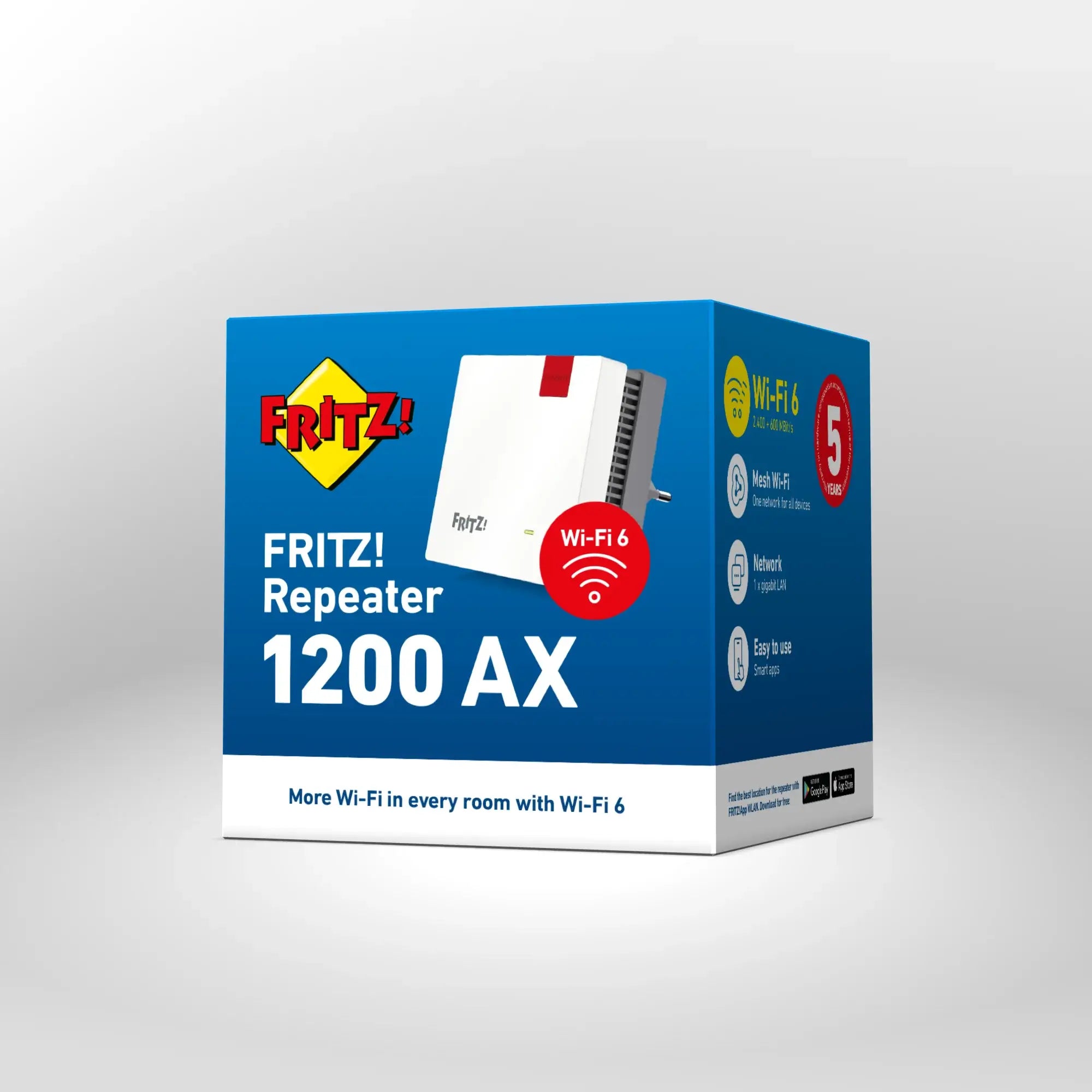 Verpackung von FRITZ!Repeater 1200 AX auf grauem Hintergrund