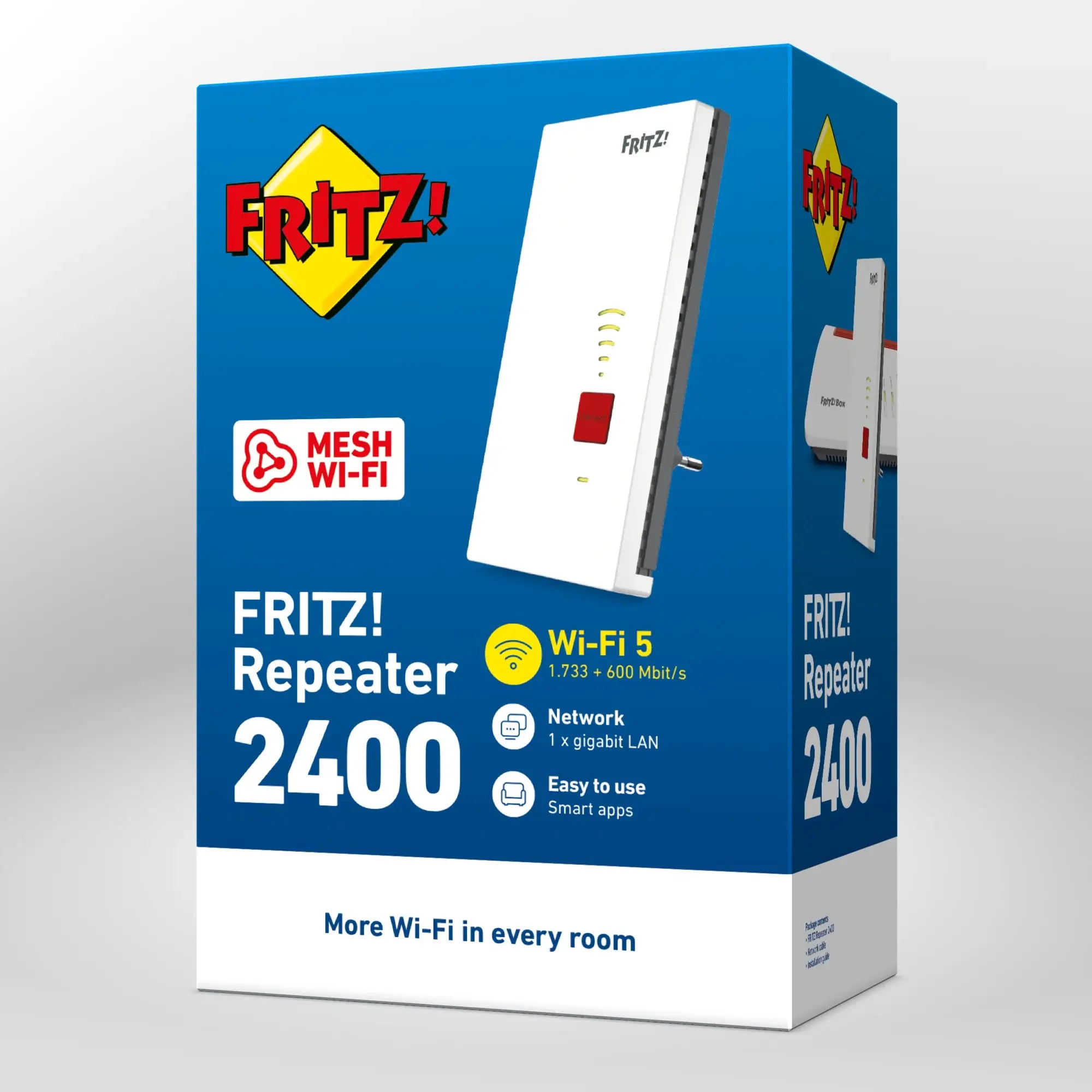 Verpackung von FRITZ!Repeater 2400 auf grauem Hintergrund