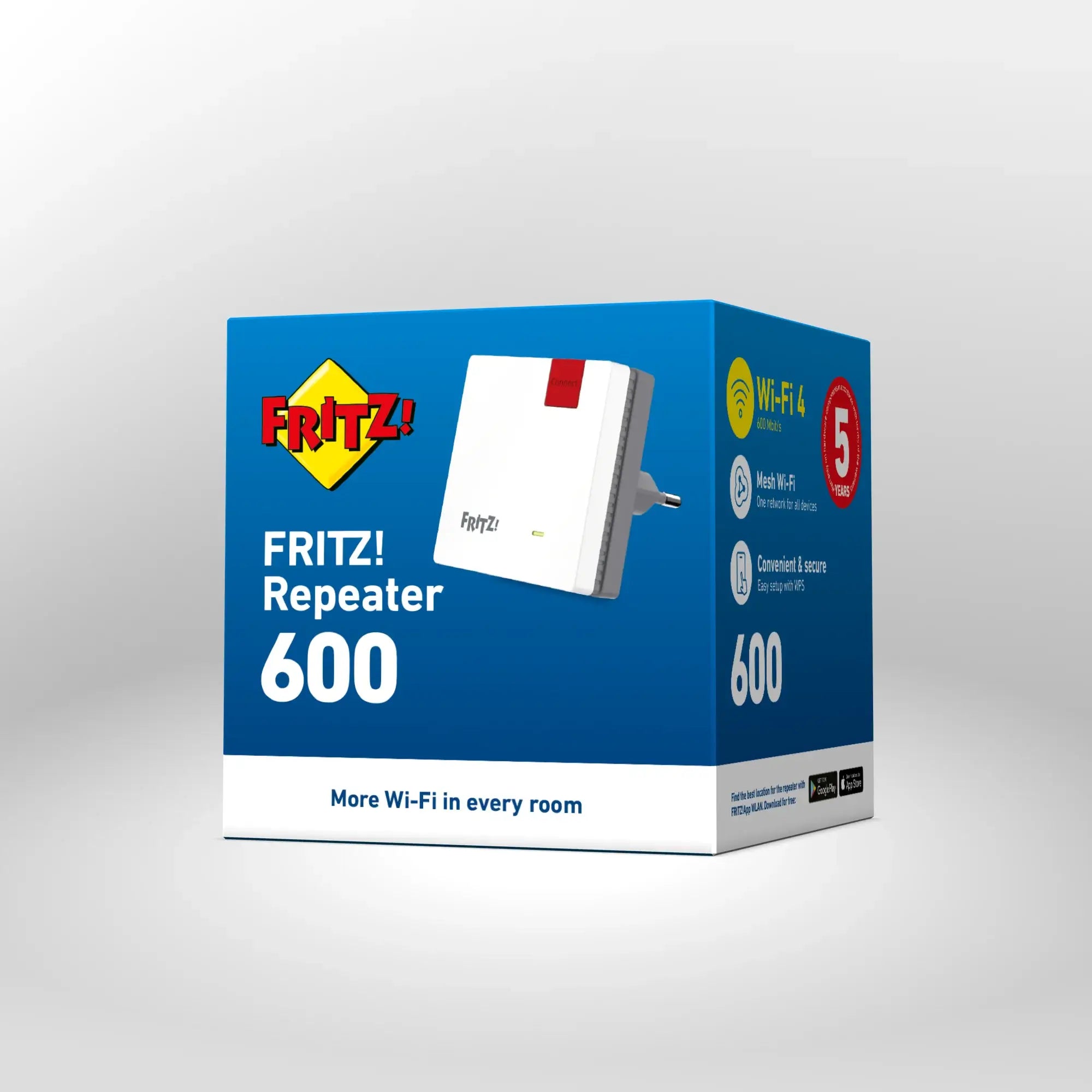 Verpackung von FRITZ!Repeater 600 auf grauem Hintergrund