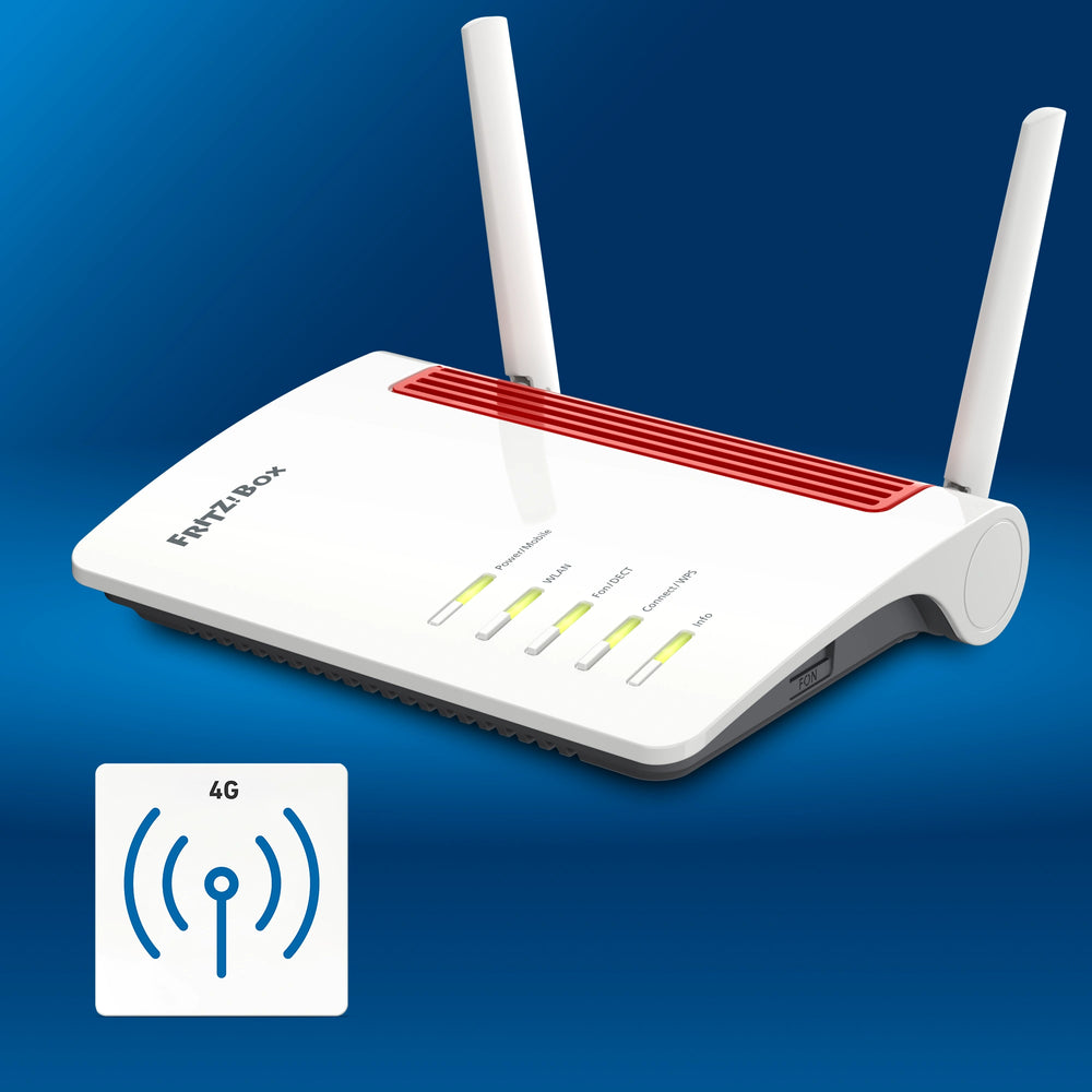 FRITZ!Box 6850 LTE auf blauem Hintergrund mit 4G-Anschluss
